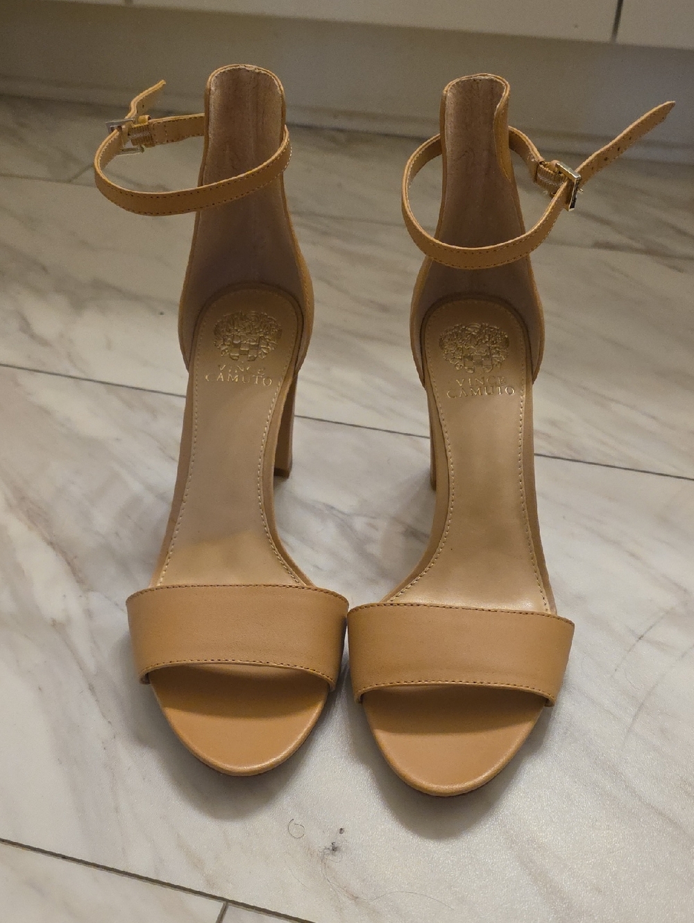 Vince Camuto Neutral Tan Open-Toe Ankle-Strap Heels